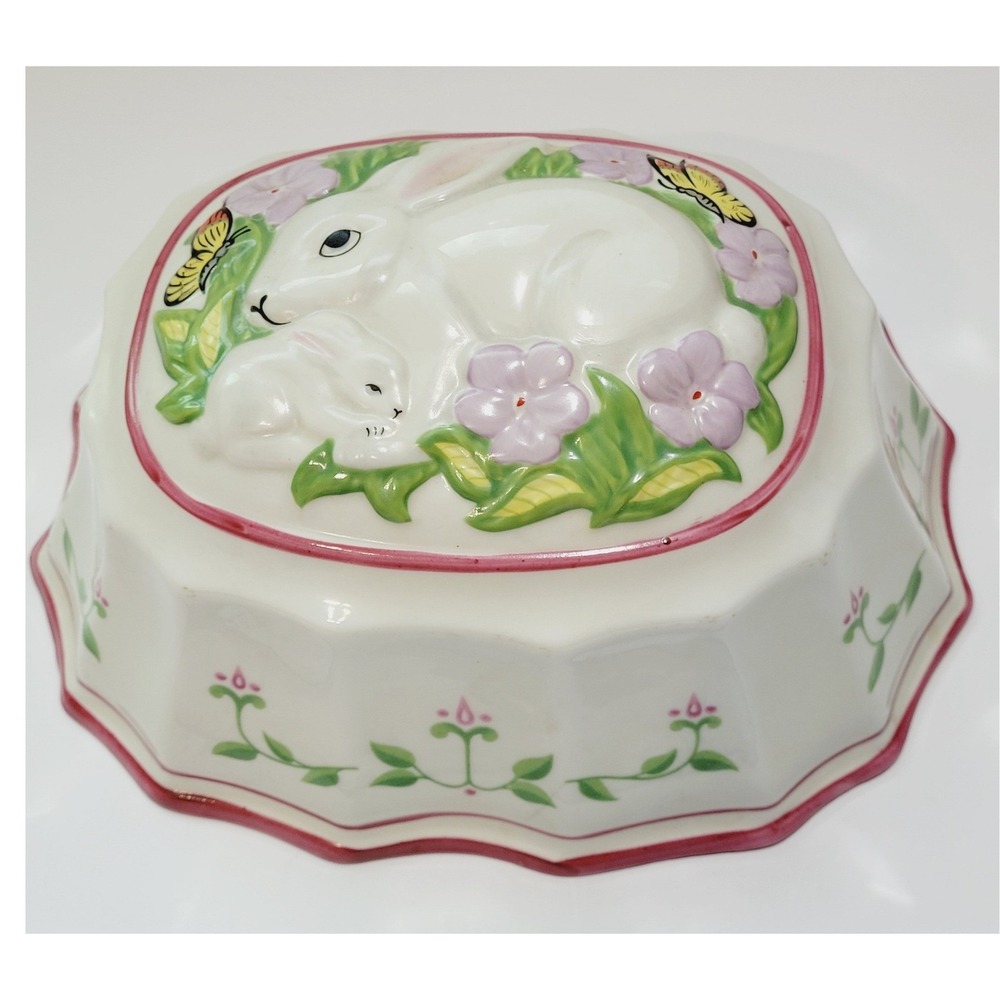 Franklin Mint Le Cordon Bleu Rabbit Jello Mold 1986 Ceramic White Pink Floral